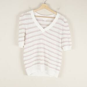 Caslon Mixed Stitch Knit V Neck Short Sleeve Ivory Pink Striped Sweater Sz L